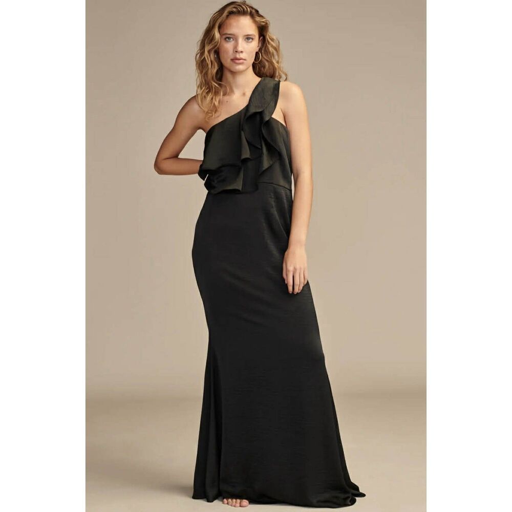 Lucky Brand Black Satin Ruffled One Shoulder Formal Dress, size 12, NWT